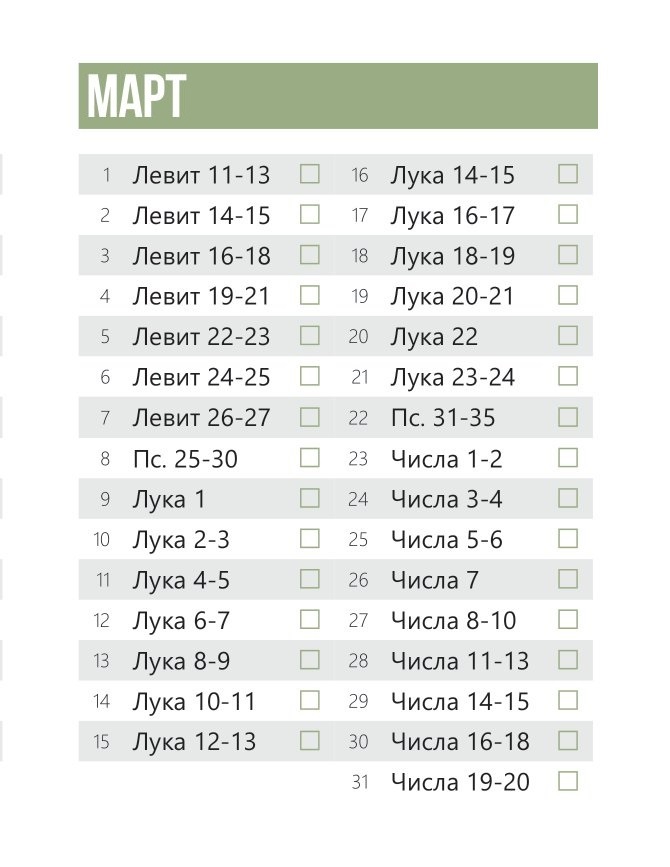 План чтения Библии на каждый день - Март